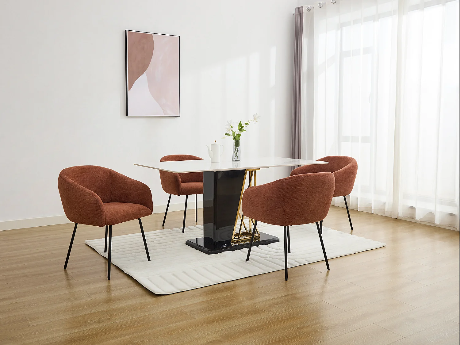 Lot de 2 chaises avec accoudoirs en tissu texturé et métal noir - Terracotta - NISTOSIA