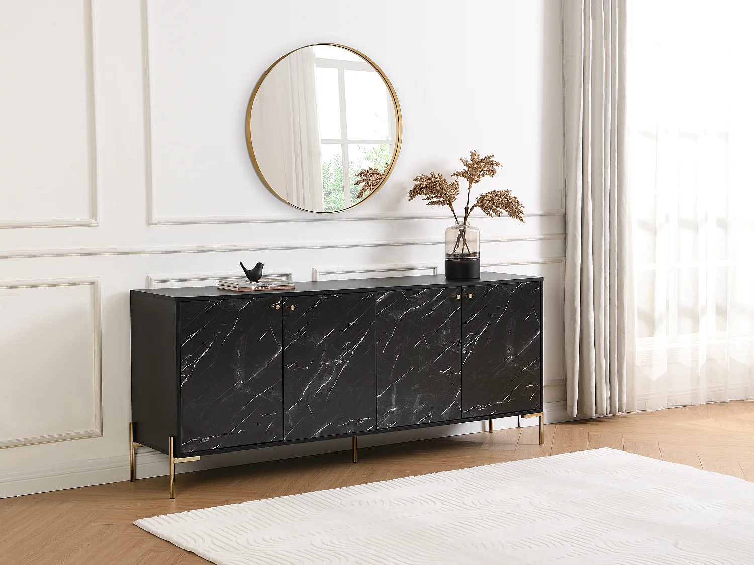 Buffet avec 4 portes en MDF et métal - Effet marbre noir et doré - CIEMILA de Pascal Morabito