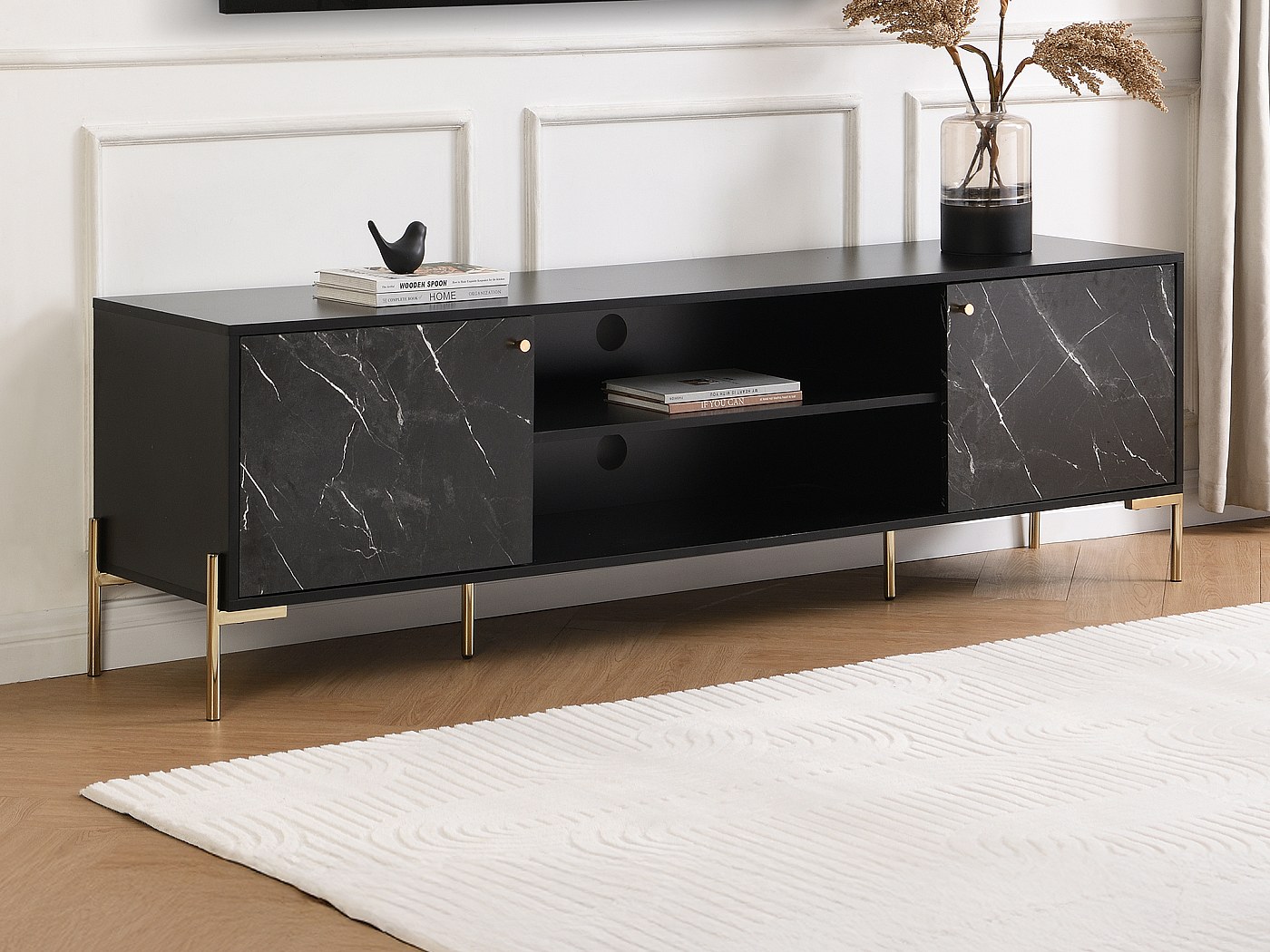 Meuble TV avec 2 portes et 2 niches en MDF et métal - Effet marbre noir