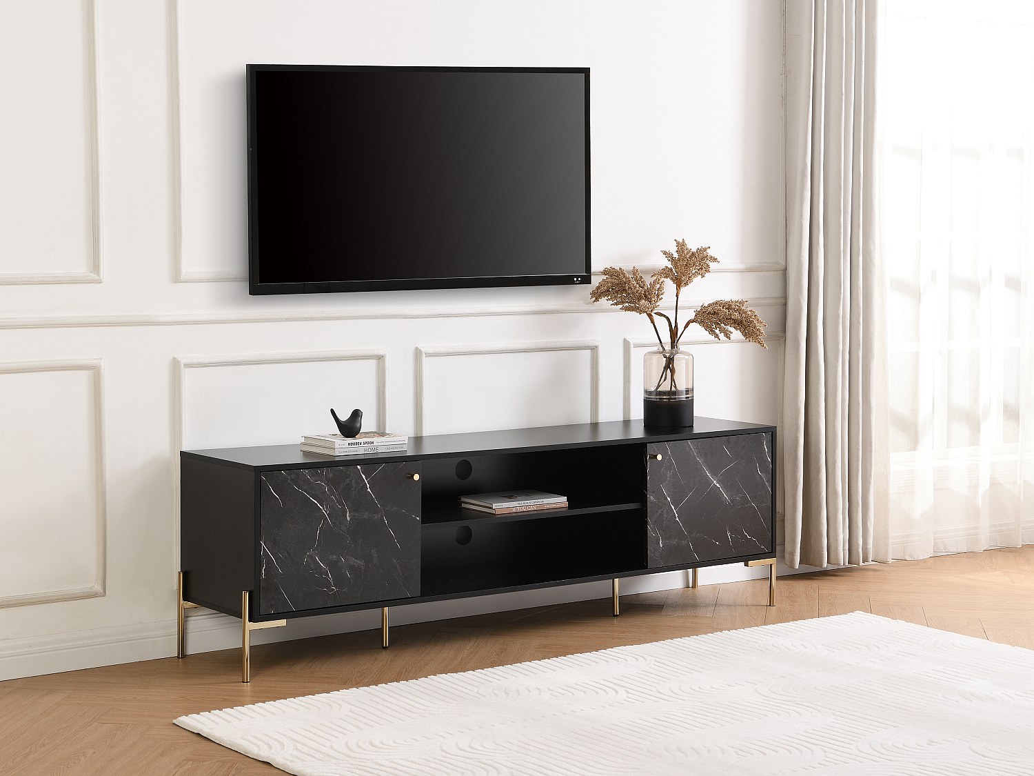 Vente-unique Tv-Möbel Mit 2 Türen & 2 Ablagefächern - Mdf & Metall - Marmor-Optik Schwarz & Goldfarben - Ciemila Von Pascal Morabito