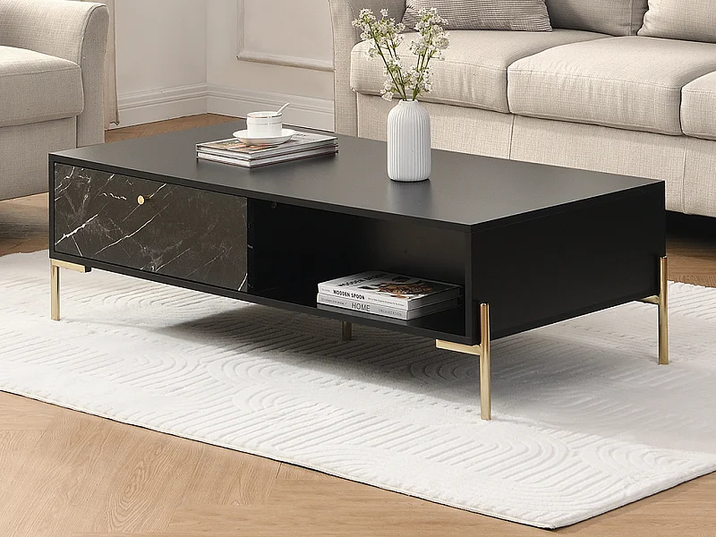 Table basse avec 2 tiroirs et 2 niches en MDF et métal - Effet marbre noir et Doré - CIEMILA de Pascal Morabito