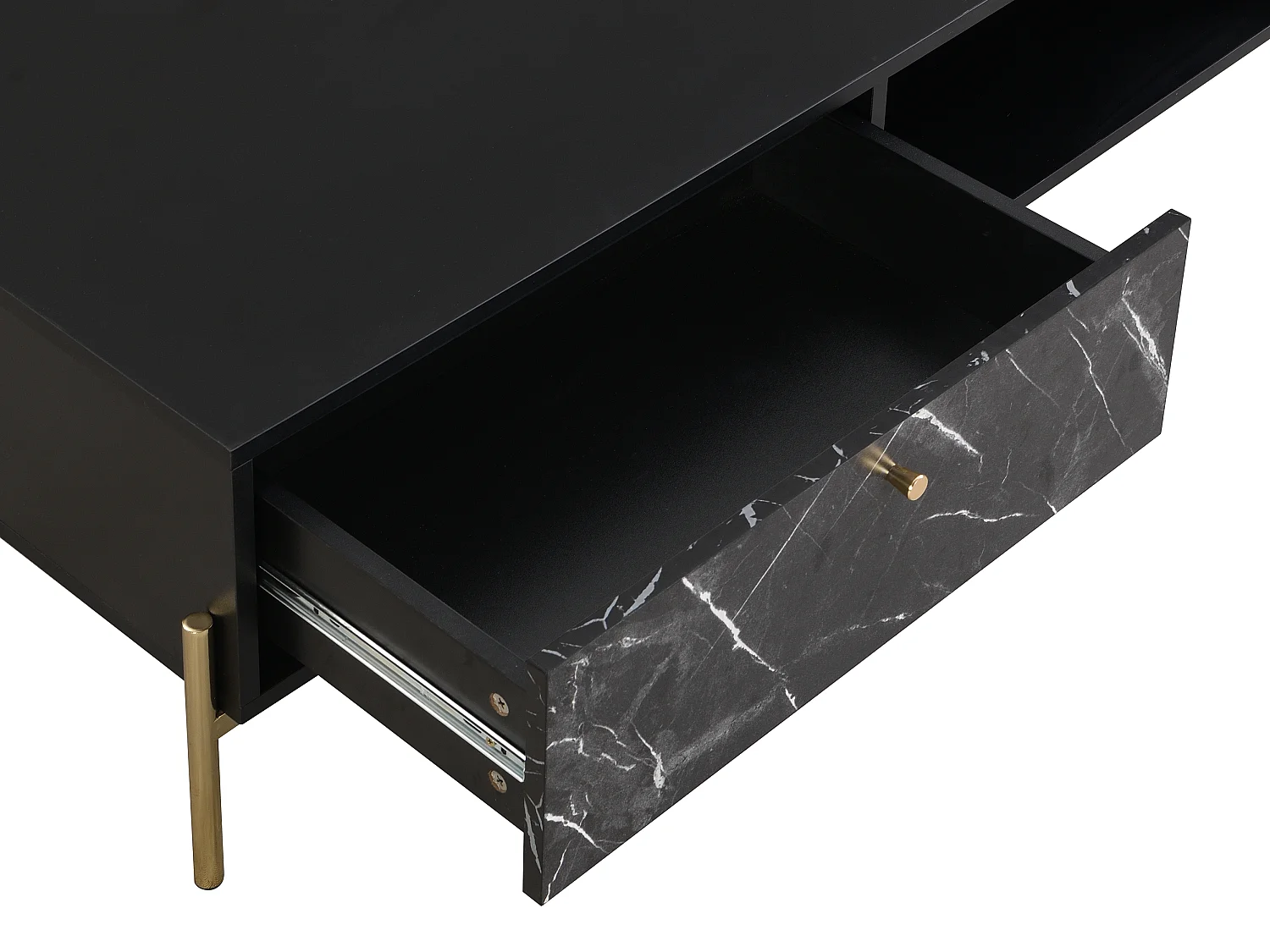 Mesa de centro com 2 gavetas e 2 nichos em MDF e metal efeito mármore preto e dourado - CIEMILA de Pascal Morabito