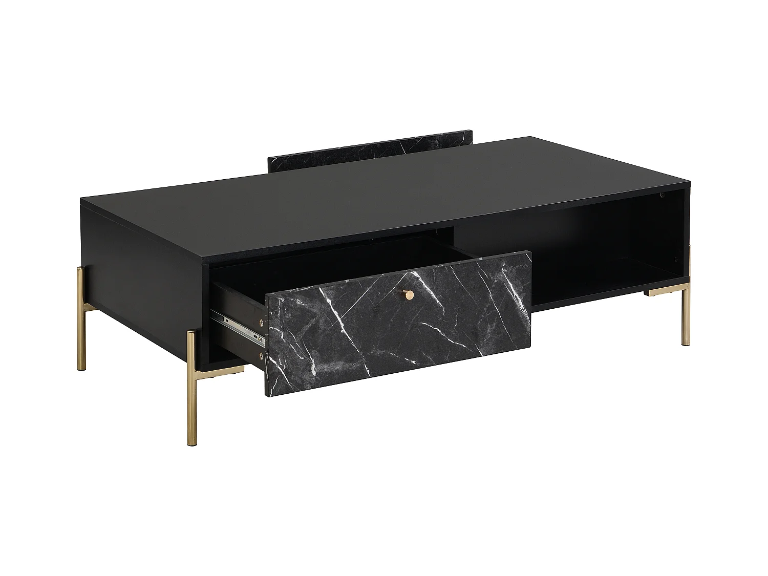 Mesa de centro con 2 cajones y 2 estantes de MDF y metal - Efecto mármol negro y dorado - CIEMILA de Pascal Morabito