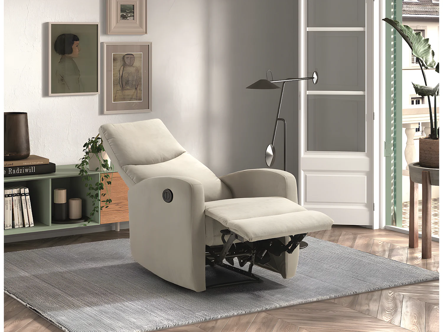 Fauteuil relax électrique en tissu waterproof couleur Ivoire -  L. 66 x P. 88 x H. 103 cm