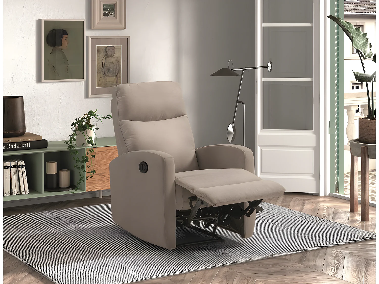 Fauteuil relax électrique en tissu waterproof couleur Crème - L. 66 x P. 88 x H. 103 cm
