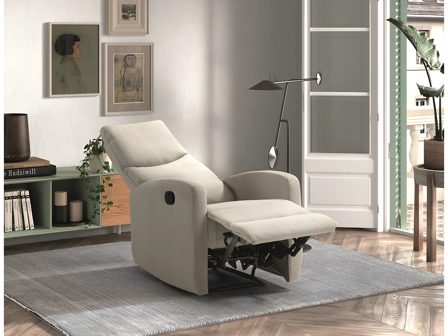 Fauteuil relax manuel en tissu waterproof couleur Crème - L. 66 x P. 88 x H. 103 cm