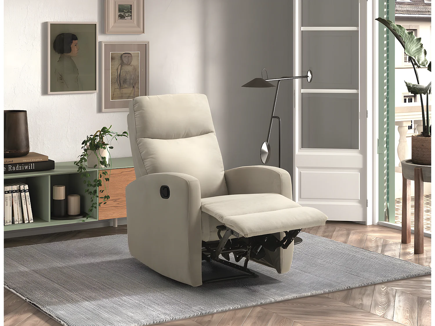 Fauteuil relax manuel en tissu waterproof couleur Crème - L. 66 x P. 88 x H. 103 cm