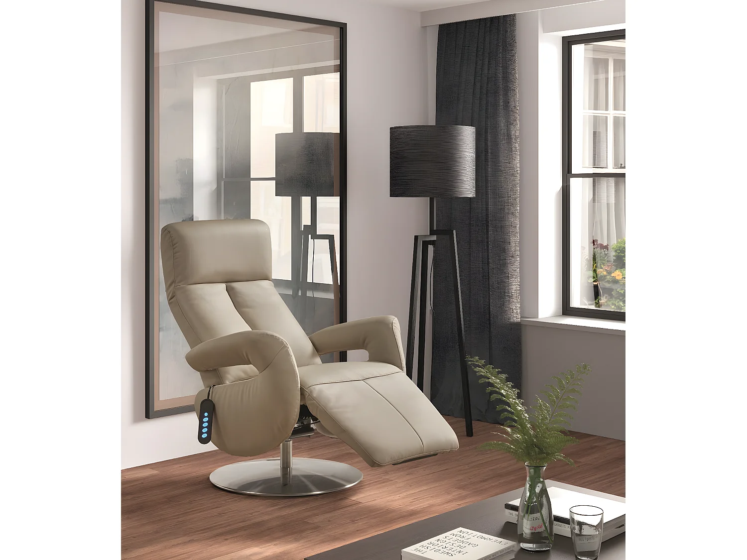 Fauteuil relax électrique en cuir couleur Gris clair - L. 77 x P. 82 x H. 114 cm