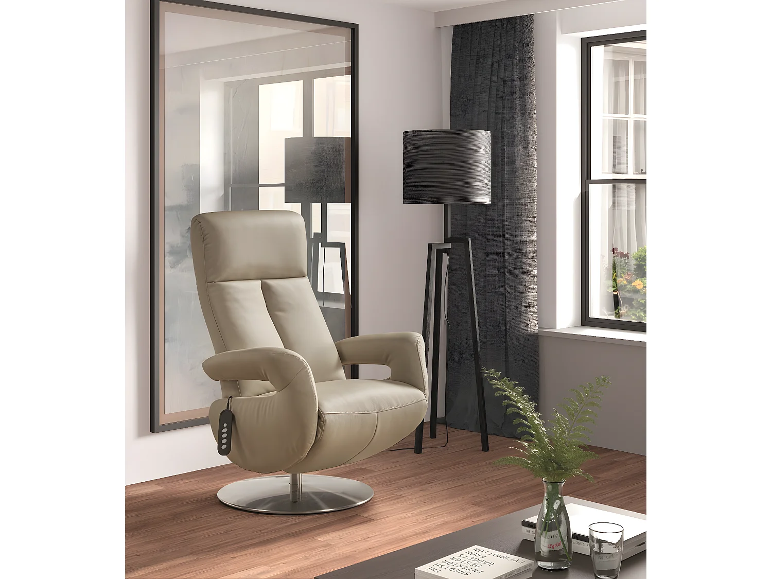 Fauteuil relax électrique en cuir couleur Gris clair - L. 77 x P. 82 x H. 114 cm