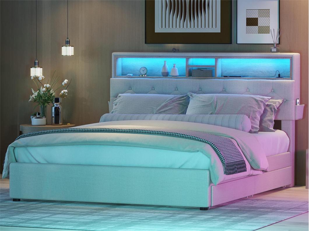 Letto 140x200 cm in tessuto di lino - con LED, porta USB e 4 cassetti - testata contenitore regolabile - Beige