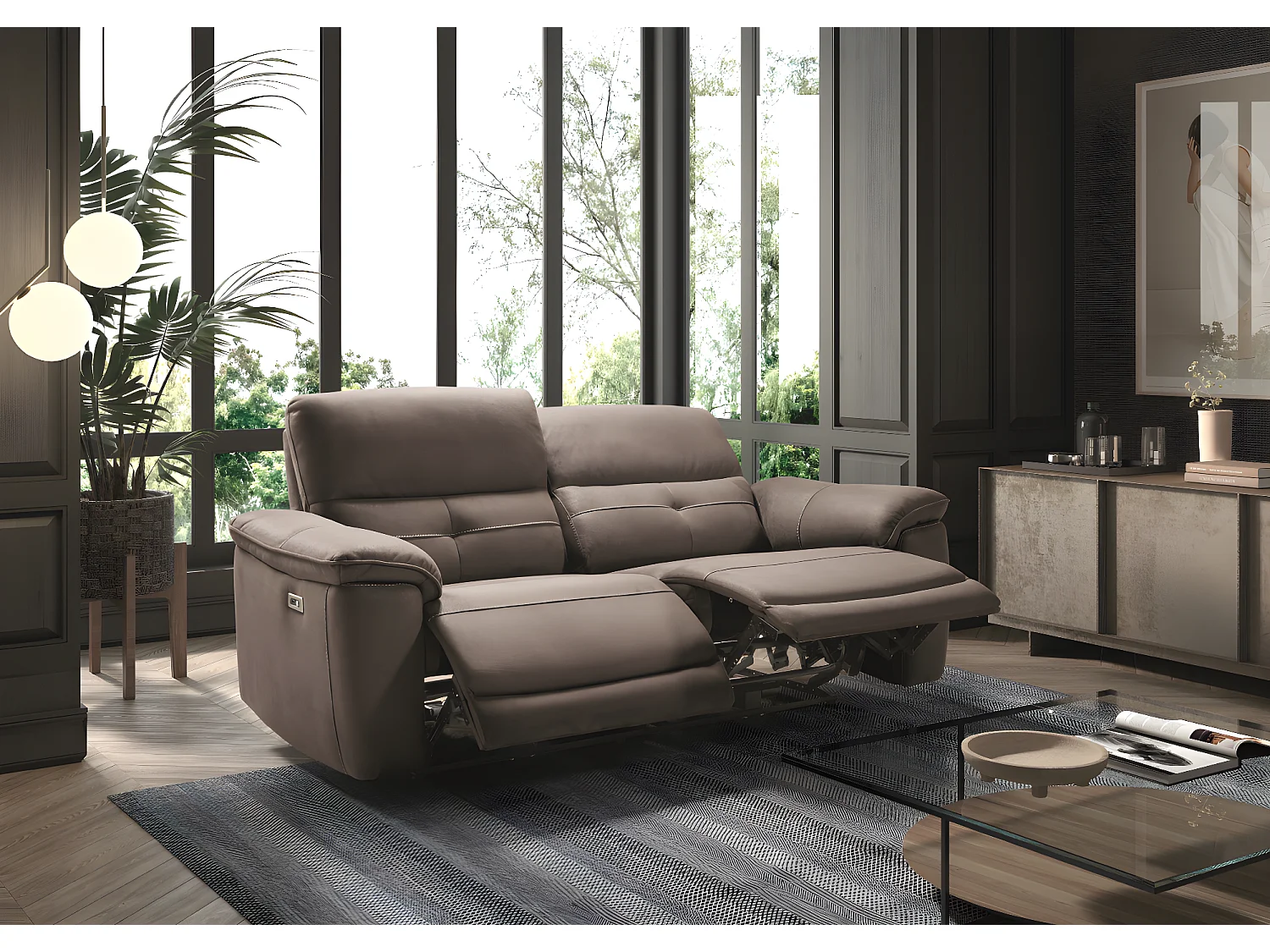 Canapé de 3 places (2 relax électriques) en tissu New Nobuck couleur Gris foncé