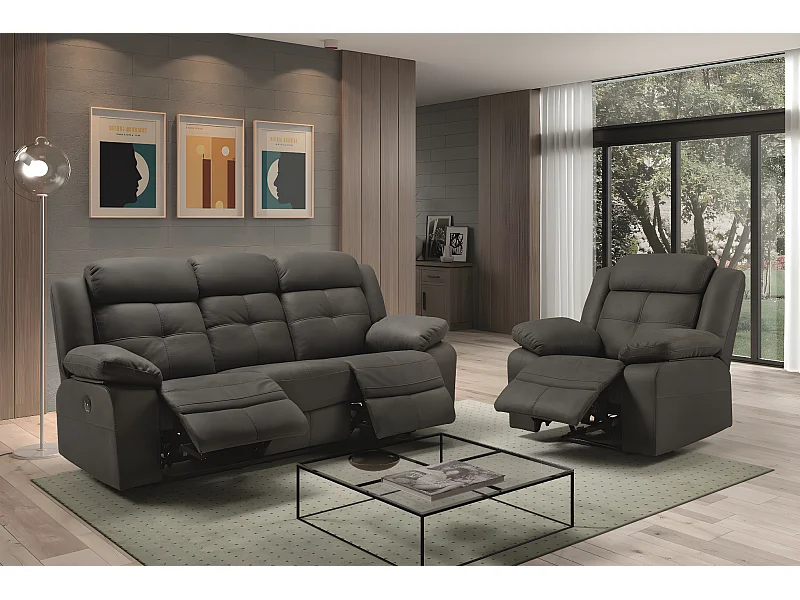 Canapé de 3 places (2 relax manuel) en tissu couleur Gris foncé fil blanc