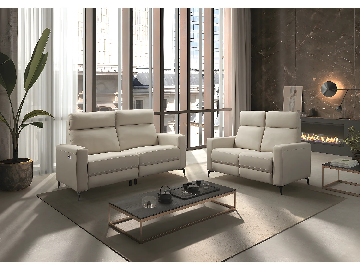 Canapé de 3 places (2 relax électriques) en tissu New Nobuck couleur Beige