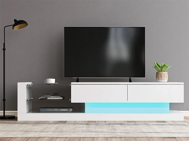 Mobile TV moderno da 140 cm adatto per TV da 60" con LED in 16 colori e ripiani in vetro - Bianco