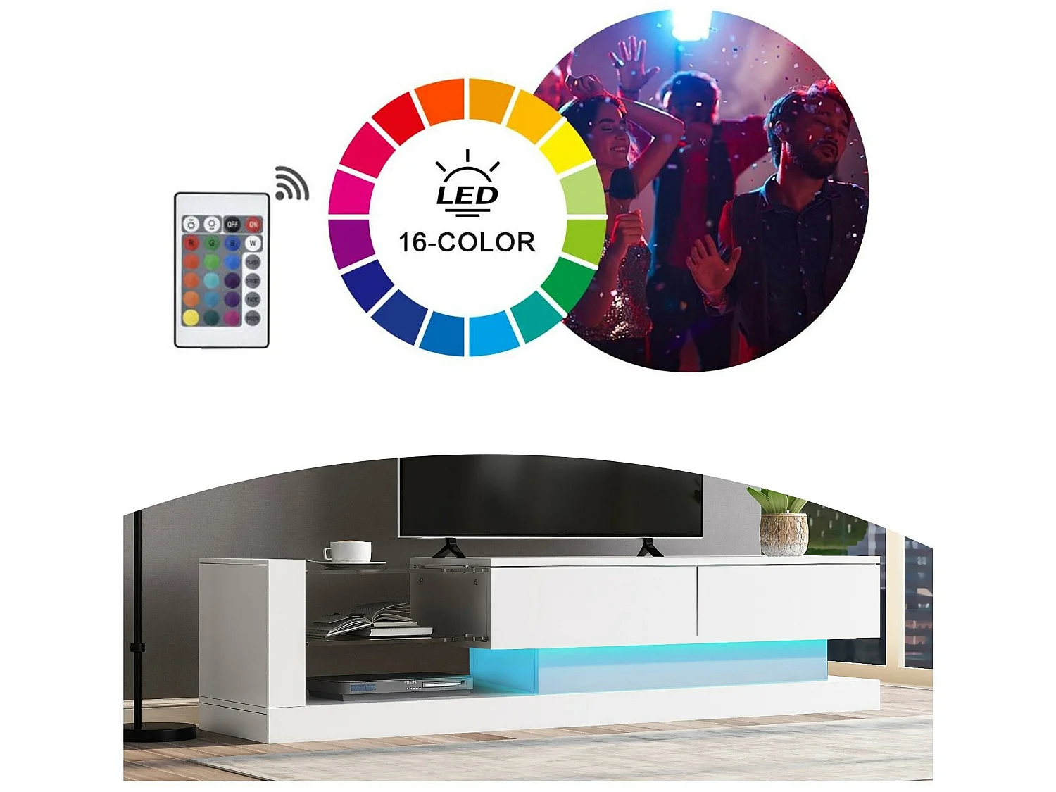 Mobile TV moderno da 140 cm adatto per TV da 60" con LED in 16 colori e ripiani in vetro - Bianco