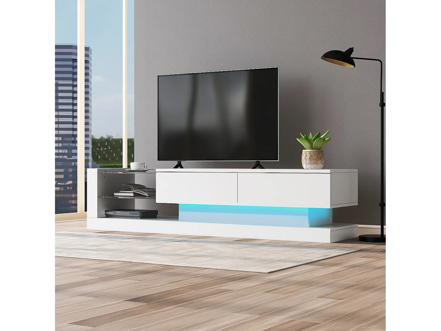 Mobile TV moderno da 140 cm adatto per TV da 60" con LED in 16 colori e ripiani in vetro - Bianco