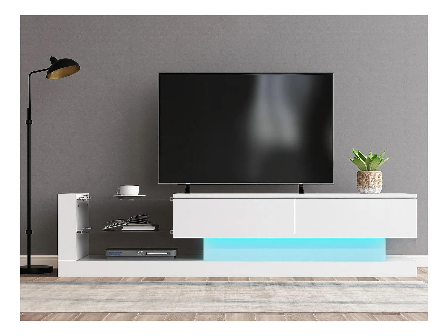 Meuble TV contemporain 140cm adapté pour TV 60" avec LED en 16 couleurs et étagères en verre - Blanc