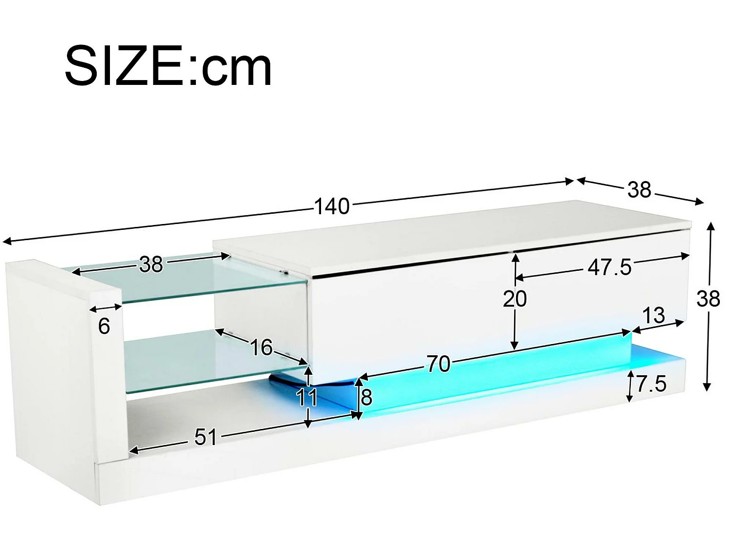 Meuble TV contemporain 140cm adapté pour TV 60" avec LED en 16 couleurs et étagères en verre - Blanc