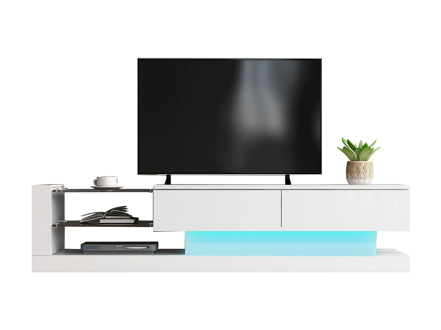 Meuble TV contemporain 140cm adapté pour TV 60" avec LED en 16 couleurs et étagères en verre - Blanc