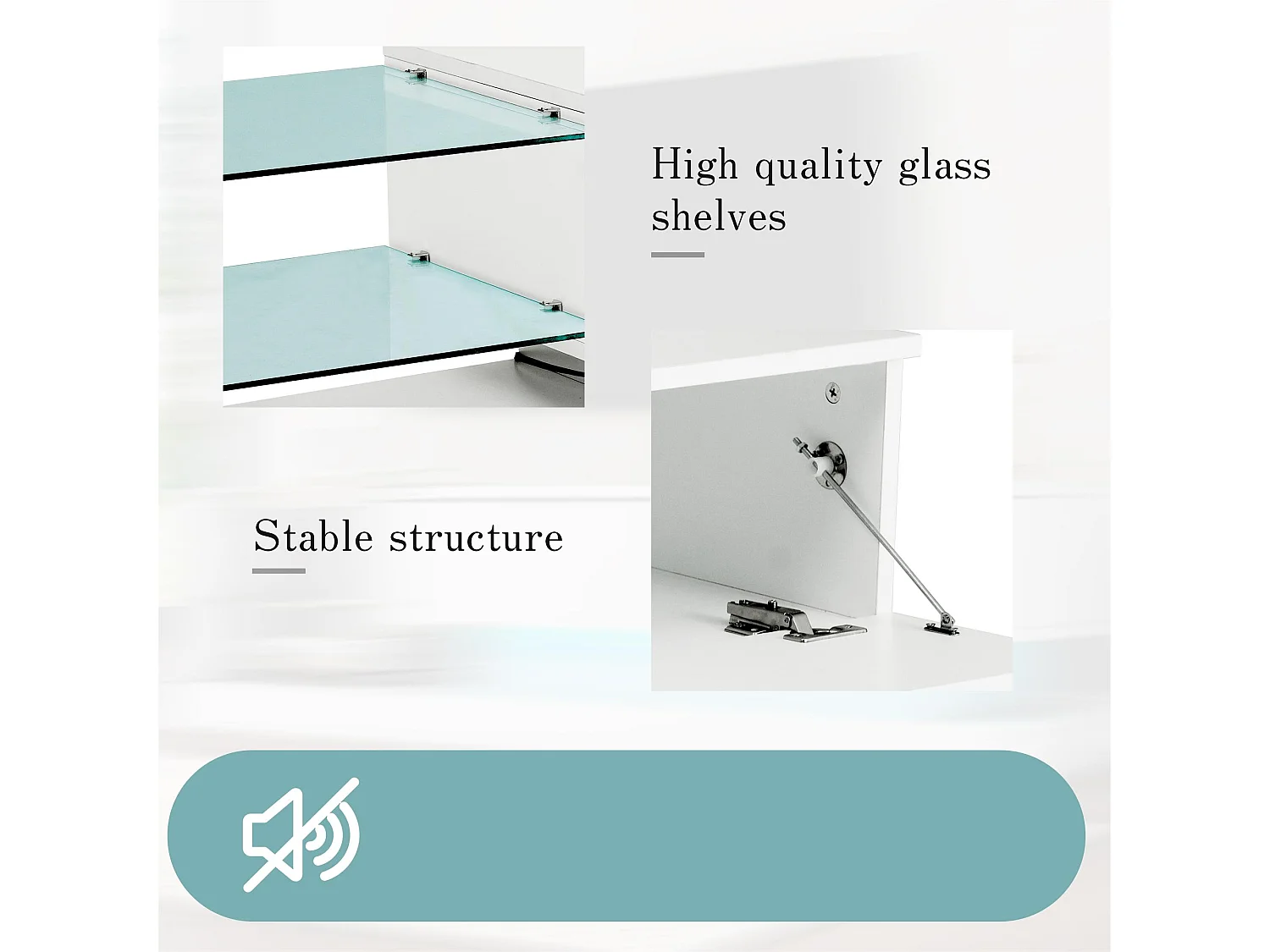 Meuble TV contemporain 140cm adapté pour TV 60" avec LED en 16 couleurs et étagères en verre - Blanc