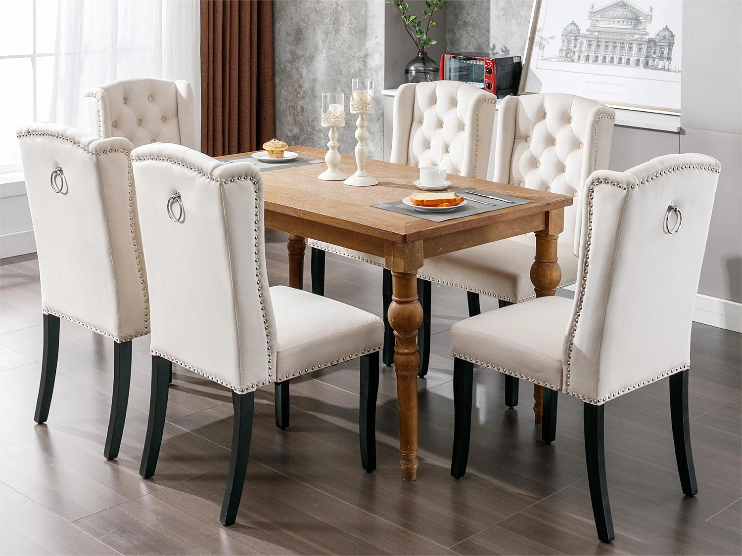 Lot de 4 Chaises en velours avec pieds en chêne - décorées de rivets - Beige