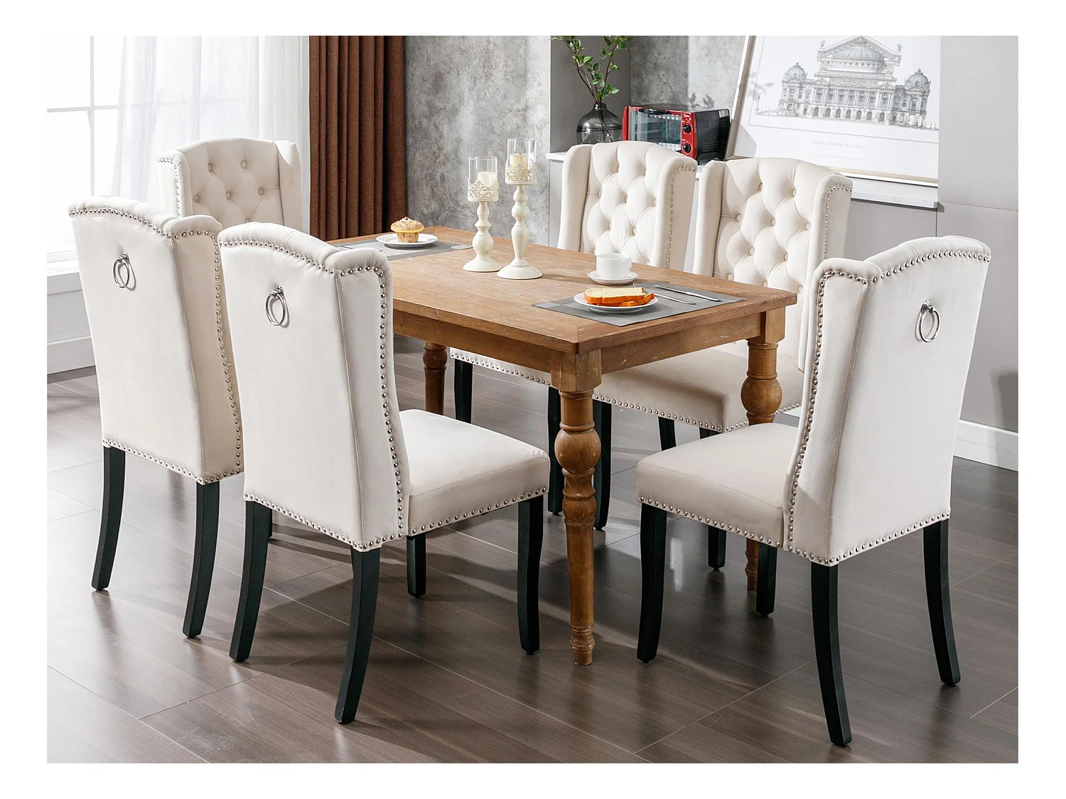 Lot de 4 Chaises en velours avec pieds en chêne - décorées de rivets - Beige
