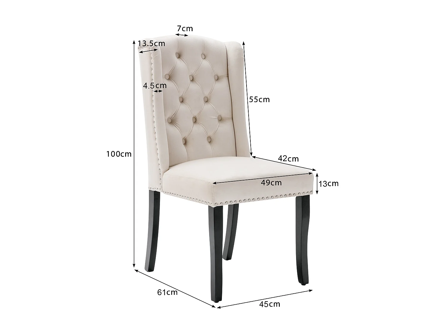 Lot de 4 Chaises en velours avec pieds en chêne - décorées de rivets - Beige