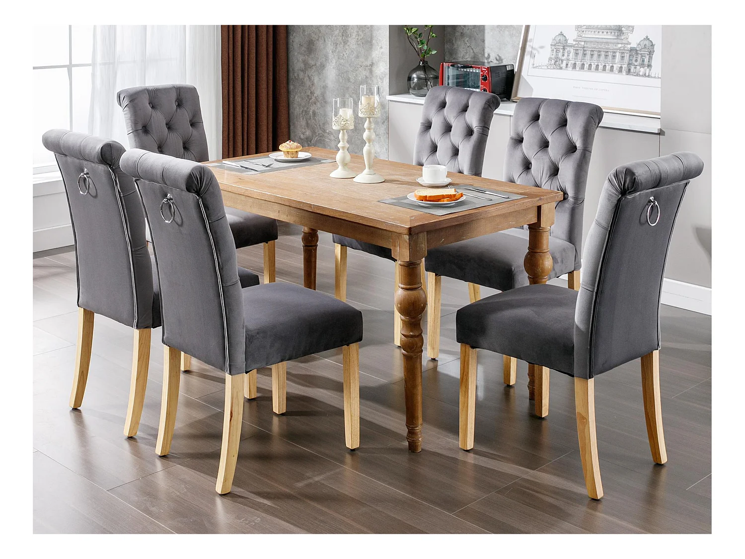 Lot de 4 Chaises en velours avec pieds en chêne - Gris