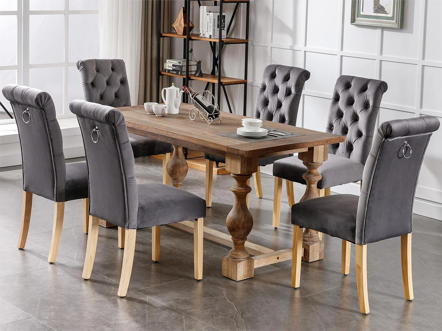 Lot de 6 Chaises en velours avec pieds en chêne - Gris