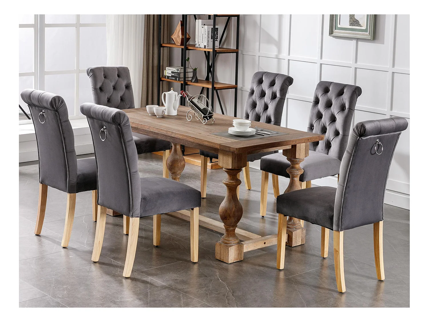 Lot de 6 Chaises en velours avec pieds en chêne - Gris
