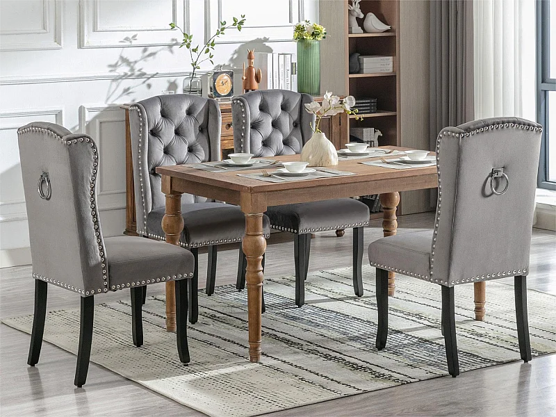 Set van 4 Velvet stoelen met eikenhouten poten - versierd met klinknagels - Grijs