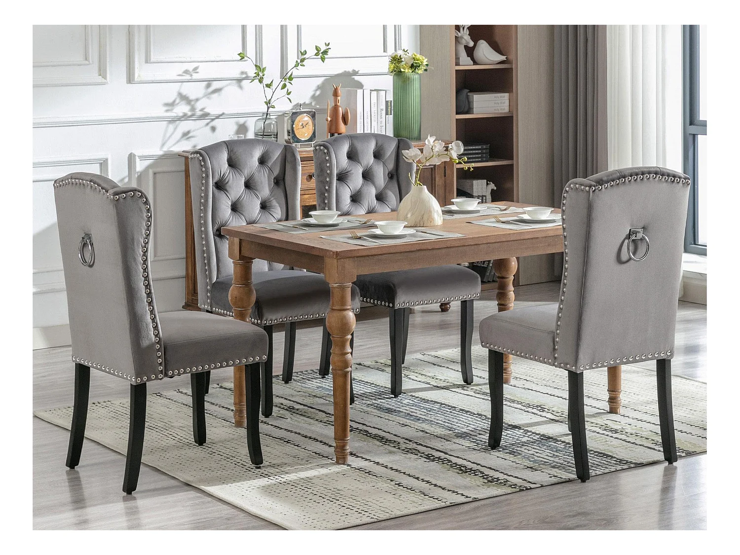 Lot de 4 Chaises en velours avec pieds en chêne - décorées de rivets - Gris