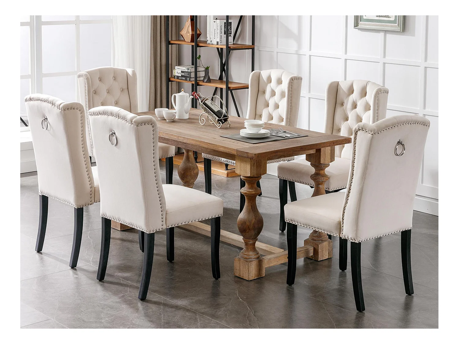 Lot de 6 Chaises en velours avec pieds en chêne - décorées de rivets - Beige
