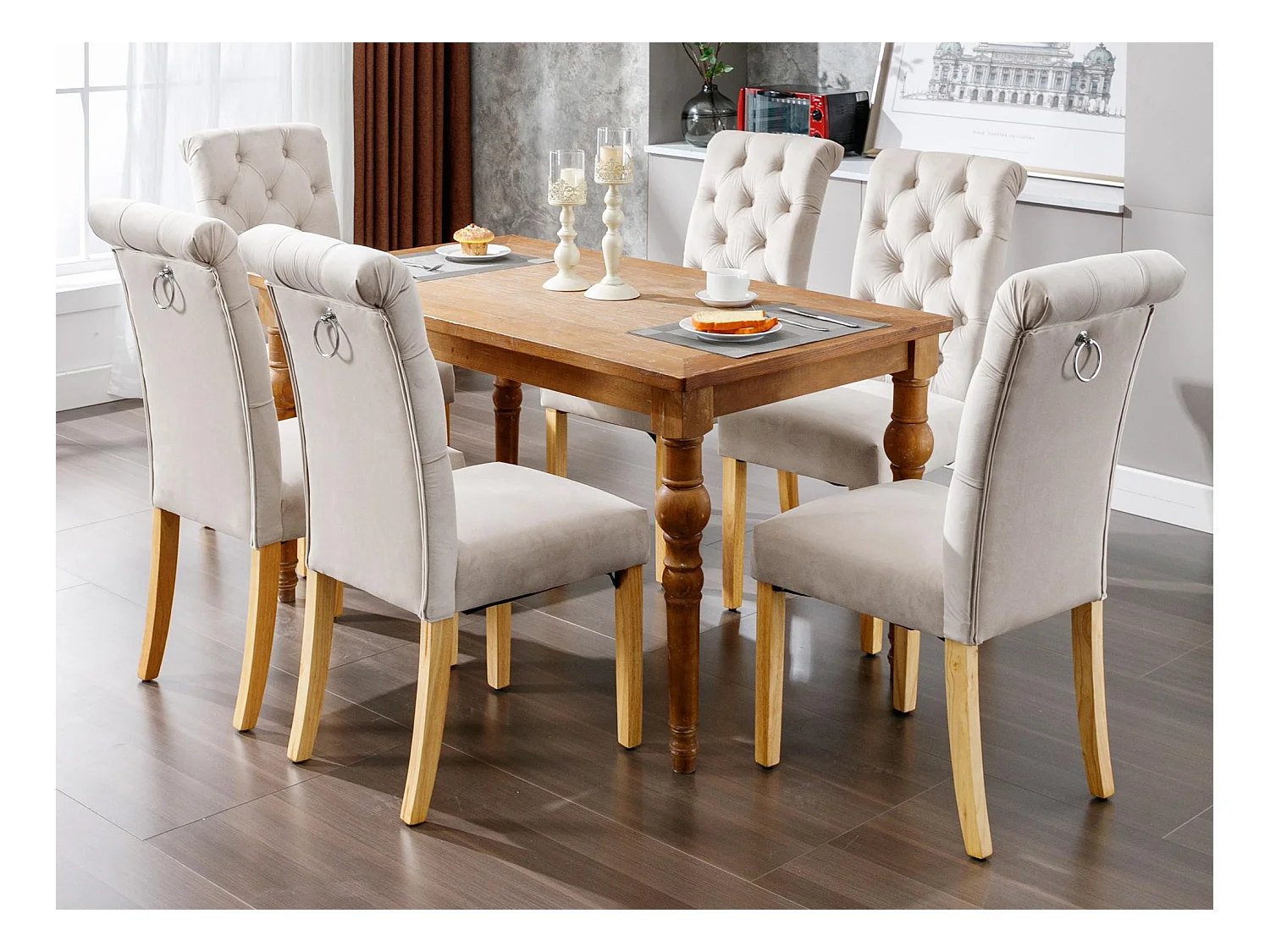 Lot de 6 Chaises en velours avec pieds en chêne - Marron