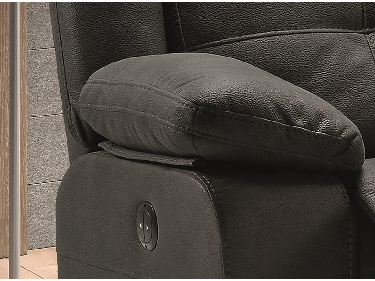 Canapé de 3 places (2 relax électriques) en tissu couleur Gris foncé fil blanc