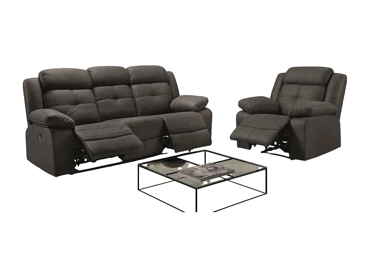 Canapé de 3 places (2 relax électriques) en tissu couleur Gris foncé fil blanc