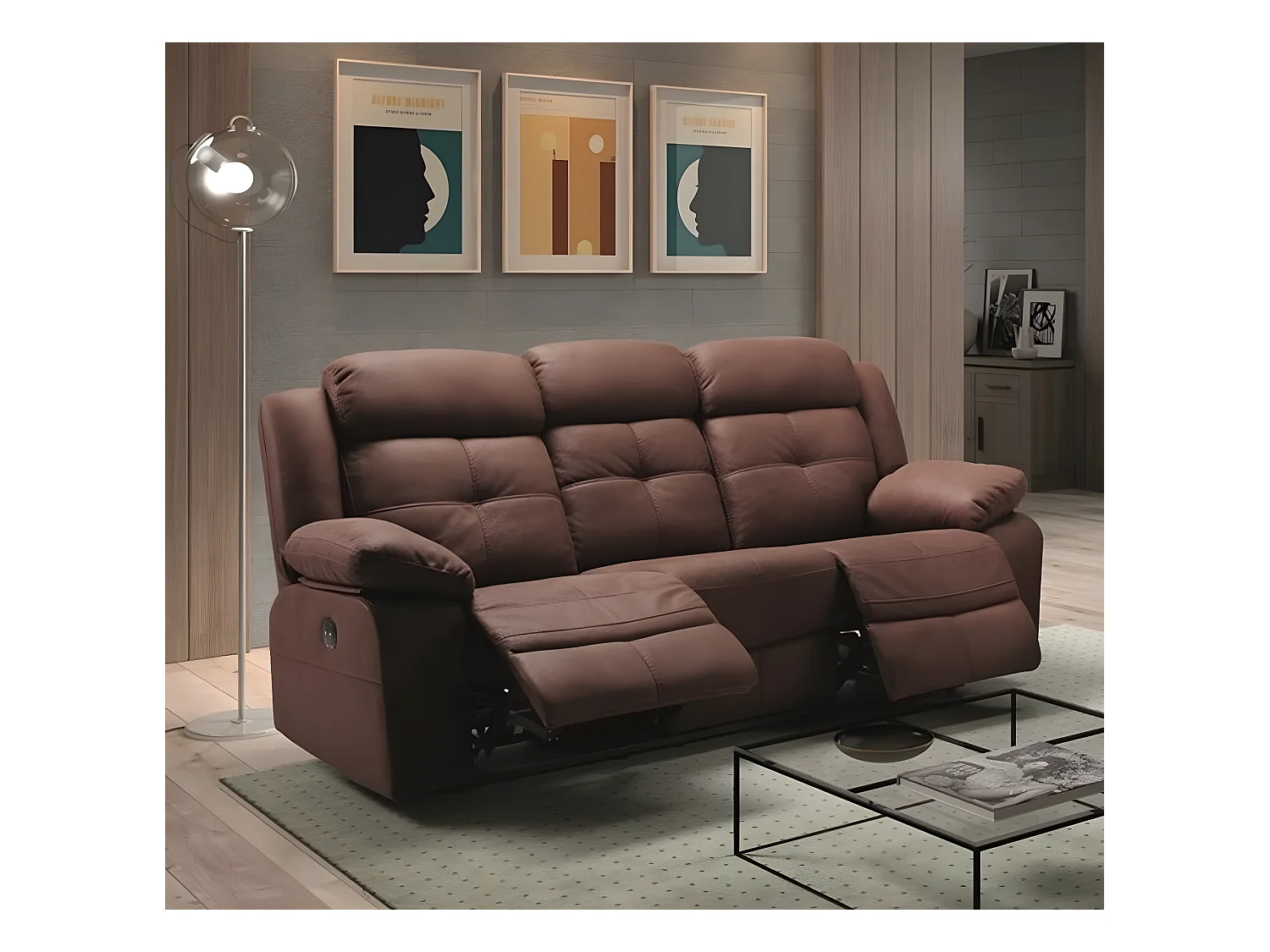 Canapé de 3 places (2 relax électriques)en tissu couleur Chocolat fil d'or