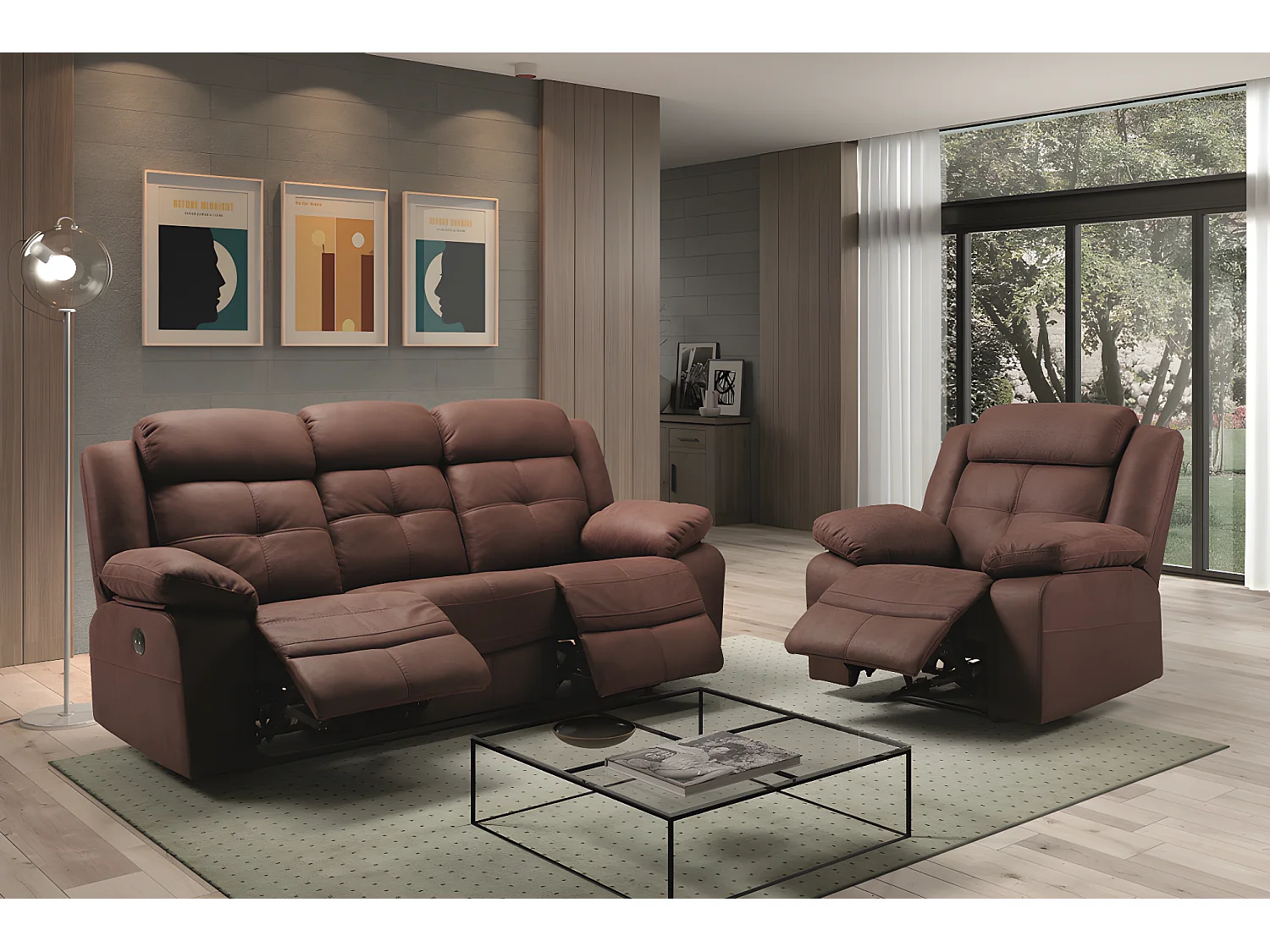 Canapé de 3 places (2 relax électriques)en tissu couleur Chocolat fil d'or