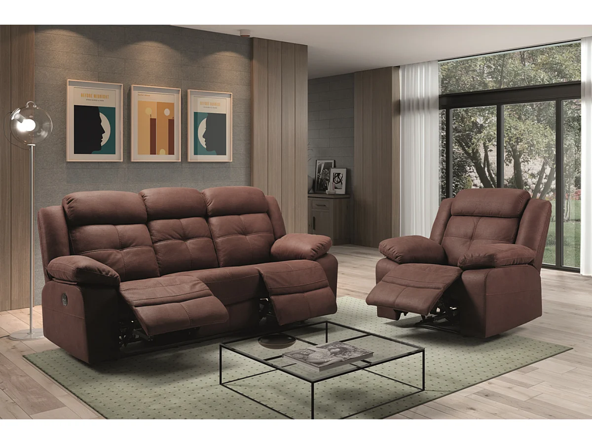 Canapé de 3 places (2 relax électriques)en tissu couleur Chocolat fil d'or