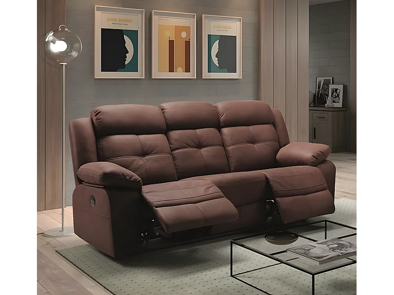 Canapé de 3 places (2 relax électriques)en tissu couleur Chocolat fil d'or