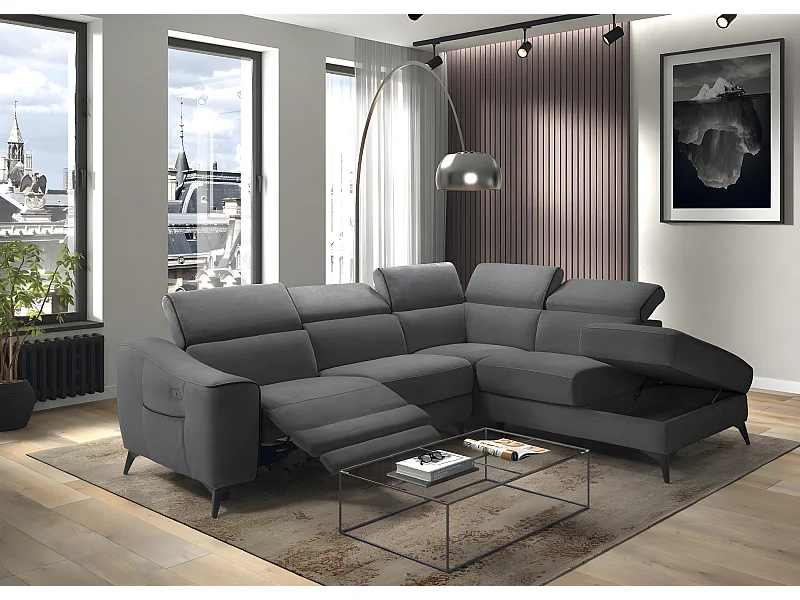 Canapé d'angle 1 relax électrique avec coffre couleur Gris foncé angle à droite