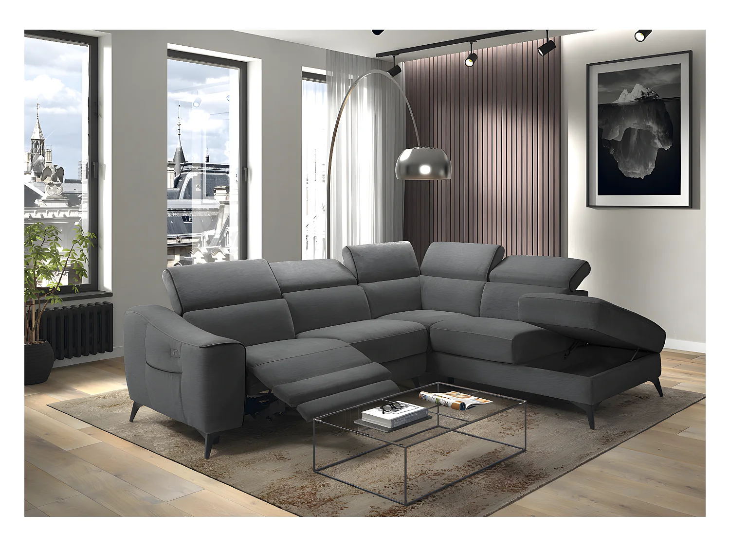 Canapé d'angle 1 relax électrique avec coffre couleur Gris foncé angle à droite