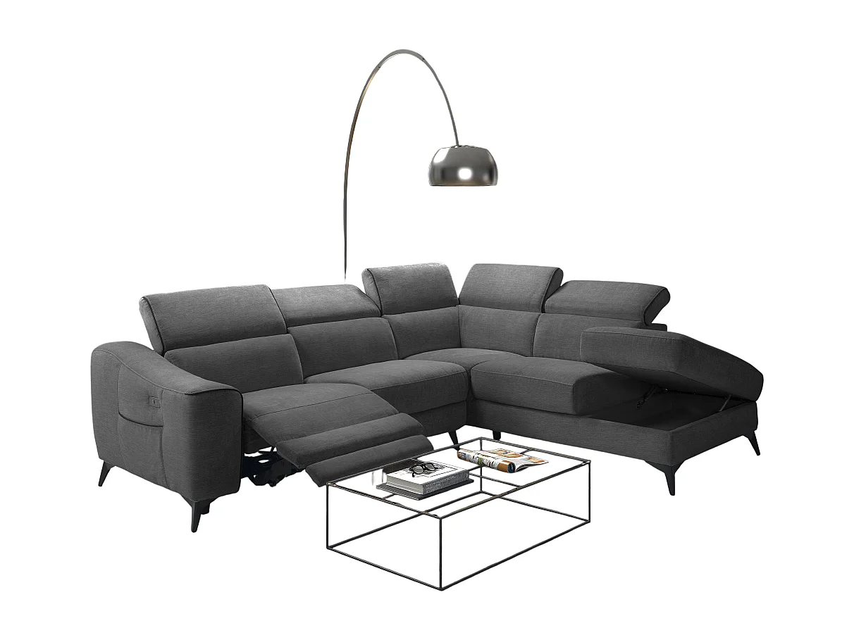 Canapé d'angle 1 relax électrique avec coffre couleur Gris foncé angle à droite