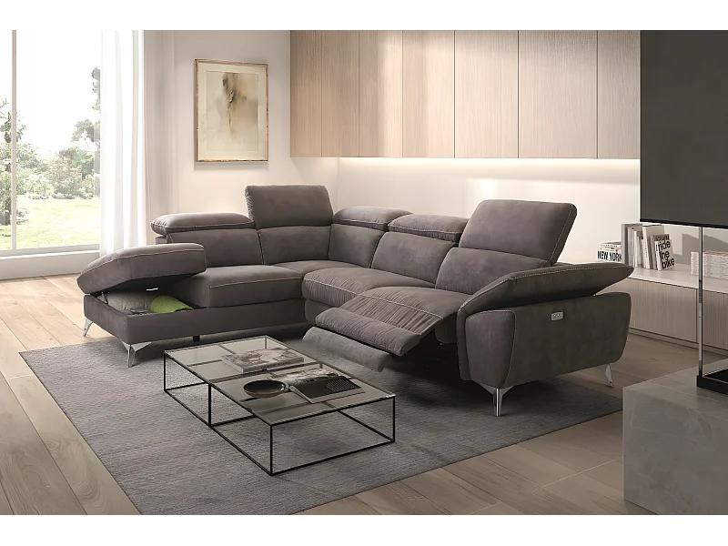 Canapé d'angle 1 relax électrique avec coffre couleur Gris foncé angle à gauche