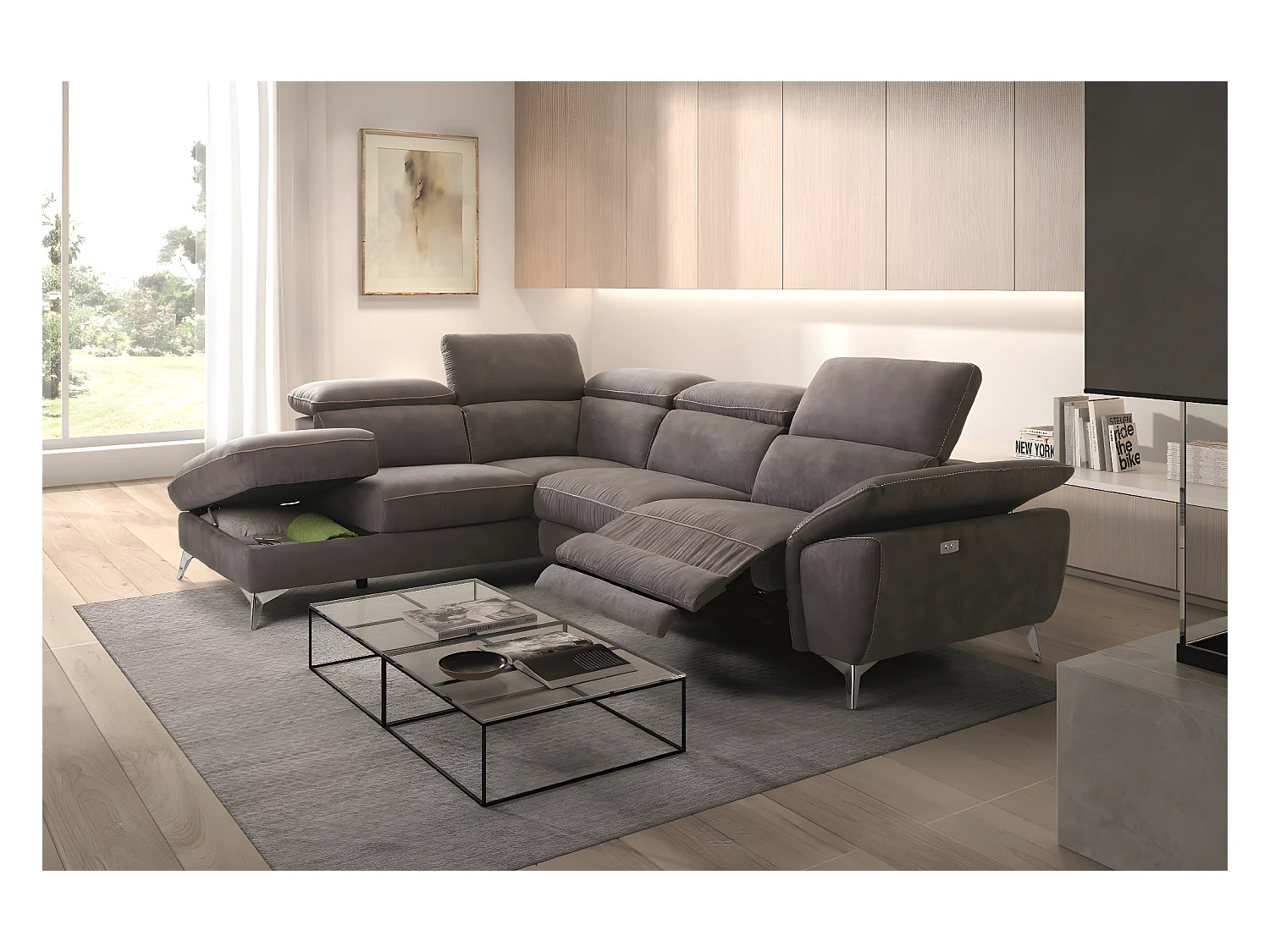 Canapé d'angle 1 relax électrique avec coffre couleur Gris foncé angle à gauche