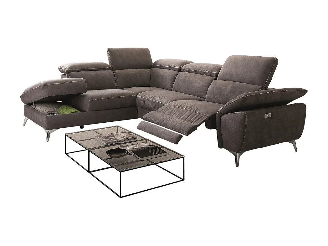 Canapé d'angle 1 relax électrique avec coffre couleur Gris foncé angle à gauche