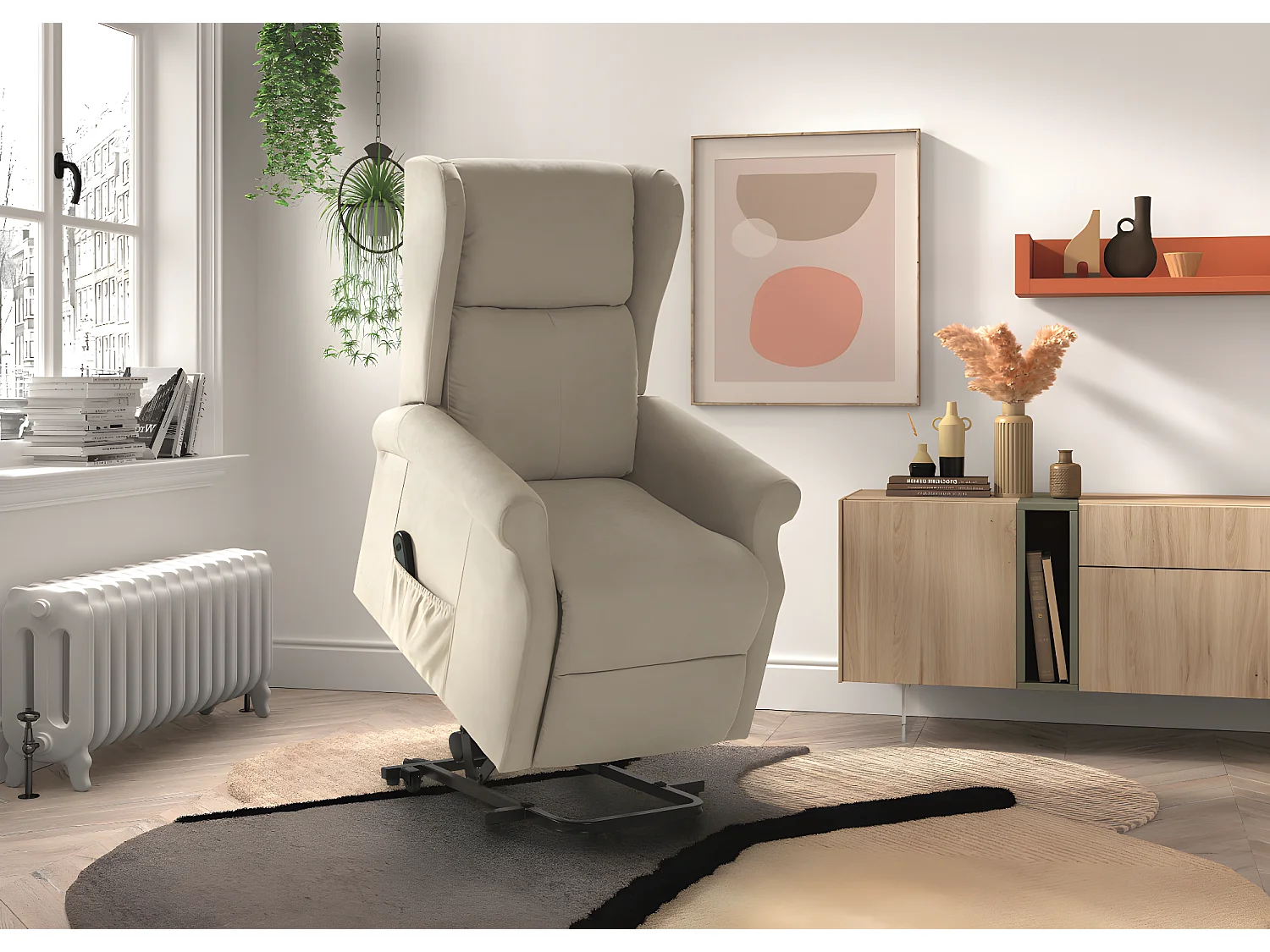 Fauteuil relax électrique releveur en tissu couleur Crème - L. 73 x P. 90 x H. 110 cm