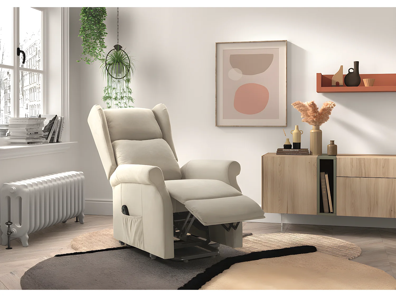Fauteuil relax électrique releveur en tissu couleur Crème - L. 73 x P. 90 x H. 110 cm