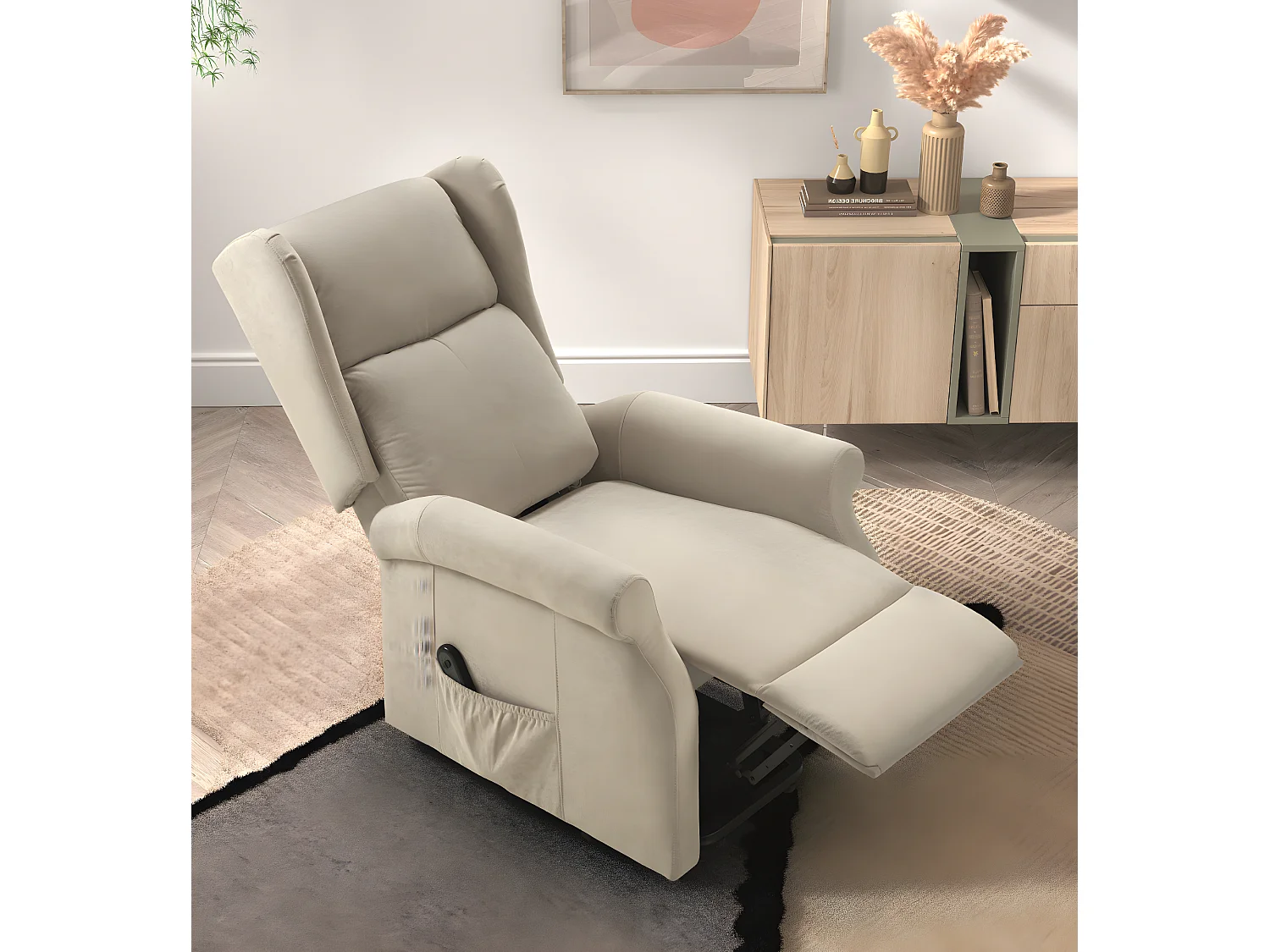 Fauteuil relax électrique releveur en tissu couleur Crème - L. 73 x P. 90 x H. 110 cm