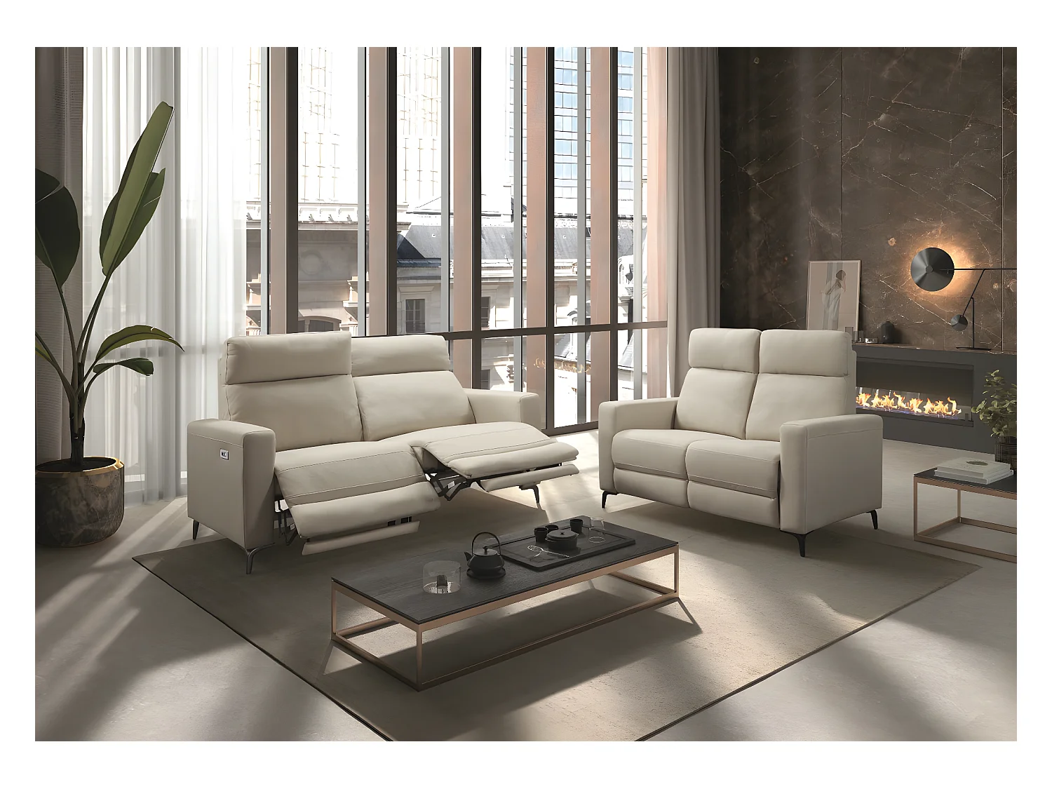 Ensemble canapé de 3 places (2 relax électriques) + canapé de 2 places fixes en tissu